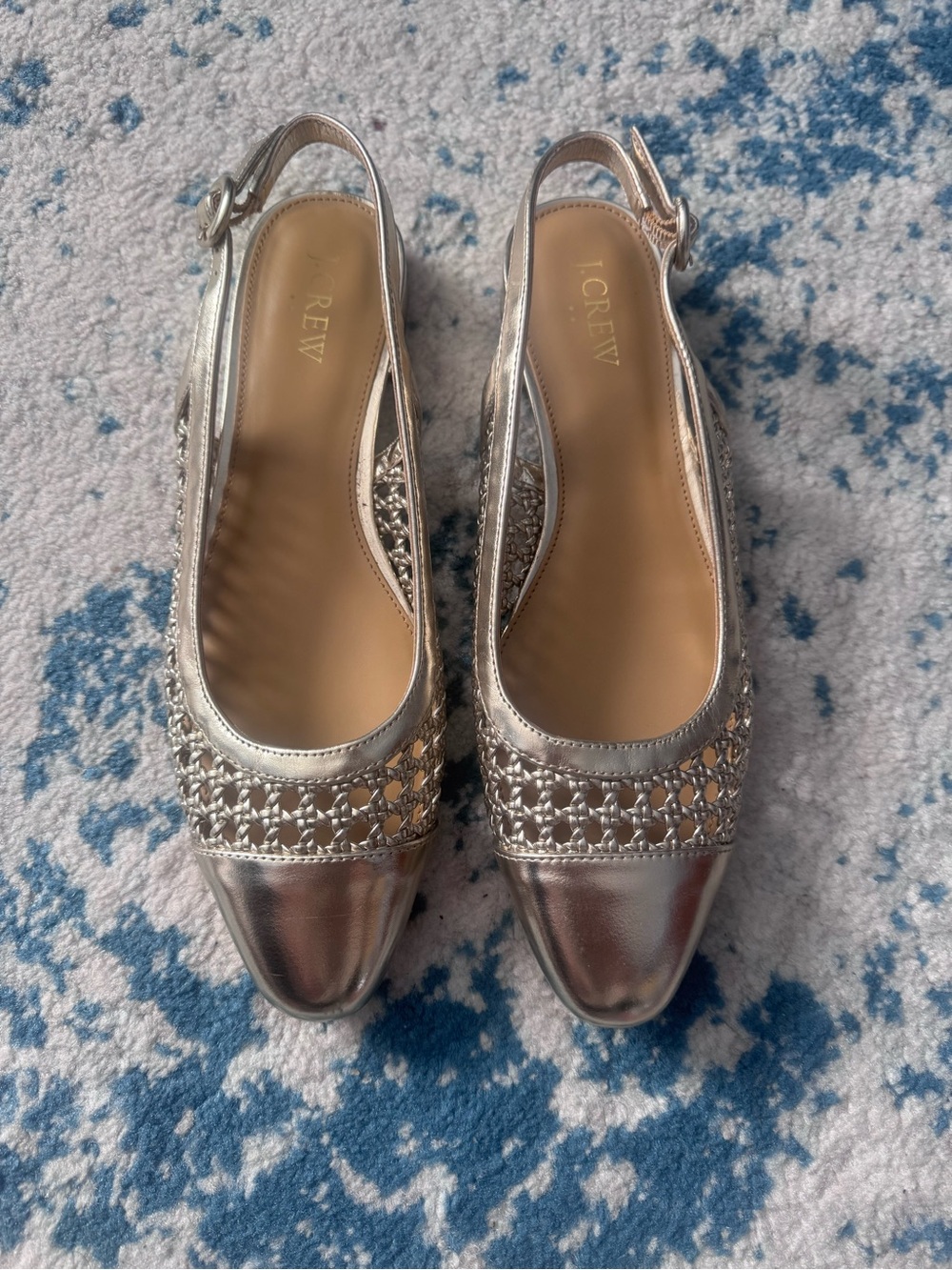 J. Crew Metallic Silver Woven Slingback Flats